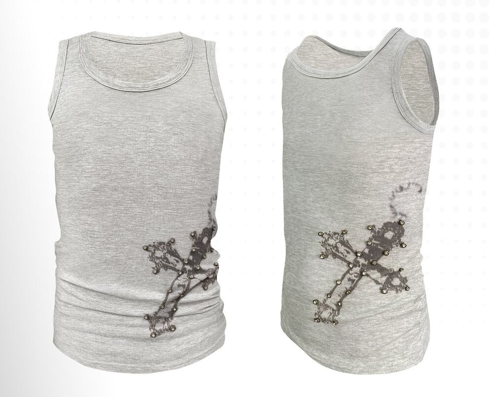 Jesus Cross Baroque Embellished Studded Graphic Gray Tank Top Tee Shirt size M
